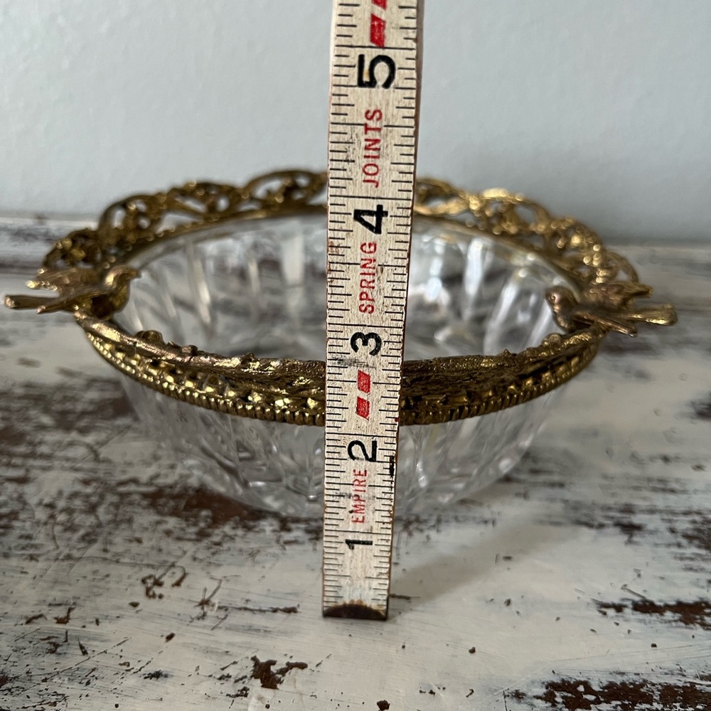 MCM Hollywood Regency Gold Gilt  Birds Vintage Bowl  Trinket Dish Cut Glass Rare - Picture 7 of 8